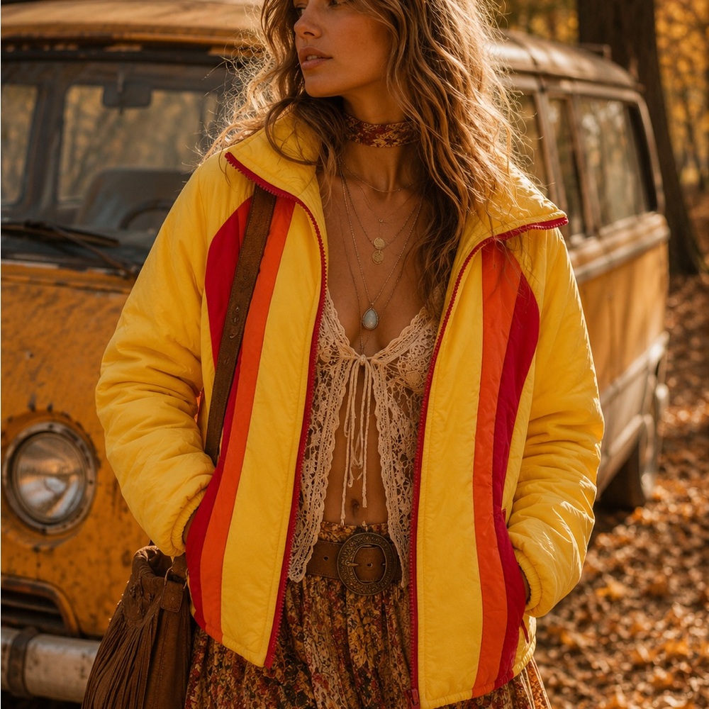 *SOLD* Yellow Stripe Puffer Jacket - Women’s Lightweight Coat